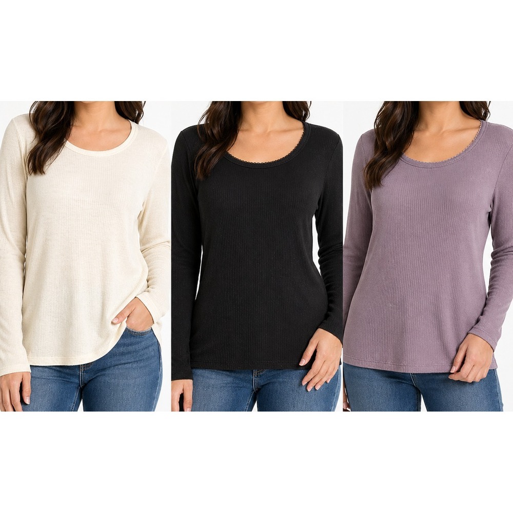 Primark Womens Long Sleeve Tops L Bundle 3 Ribbed Pointelle Cream Black Purple